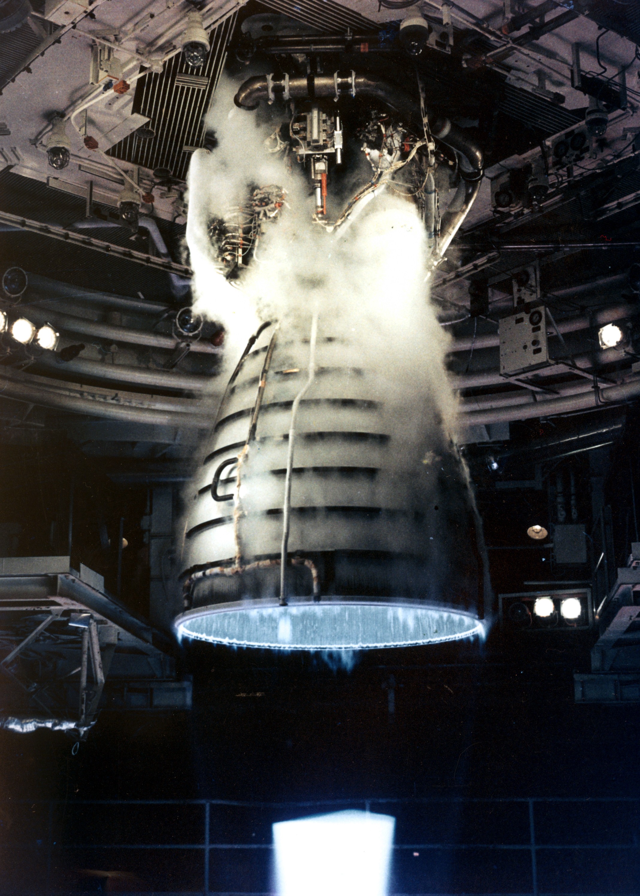 A remote camera captures a close-up view of a Space Shuttle Main Engine during a test firing at the John C. Stennis Space Center in Hancock County, Mississippi. (NASA)