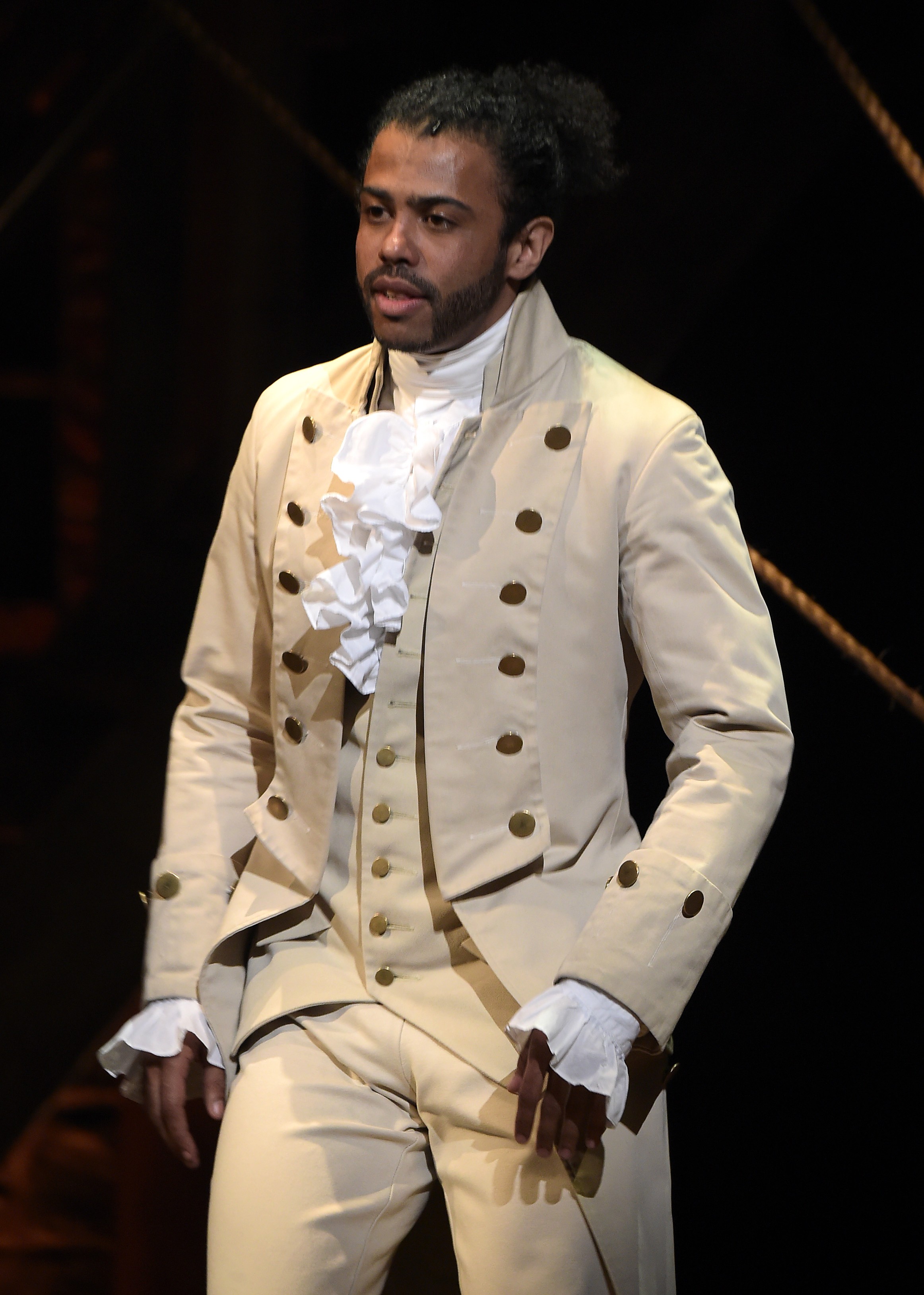 NEW YORK, NY - FEBRUARY 15: Actor Daveed Diggs performs on stage during  "Hamilton" GRAMMY performance for The 58th GRAMMY Awards at Richard Rodgers Theater on February 15, 2016 in New York City.  (Photo by Theo Wargo/WireImage)
