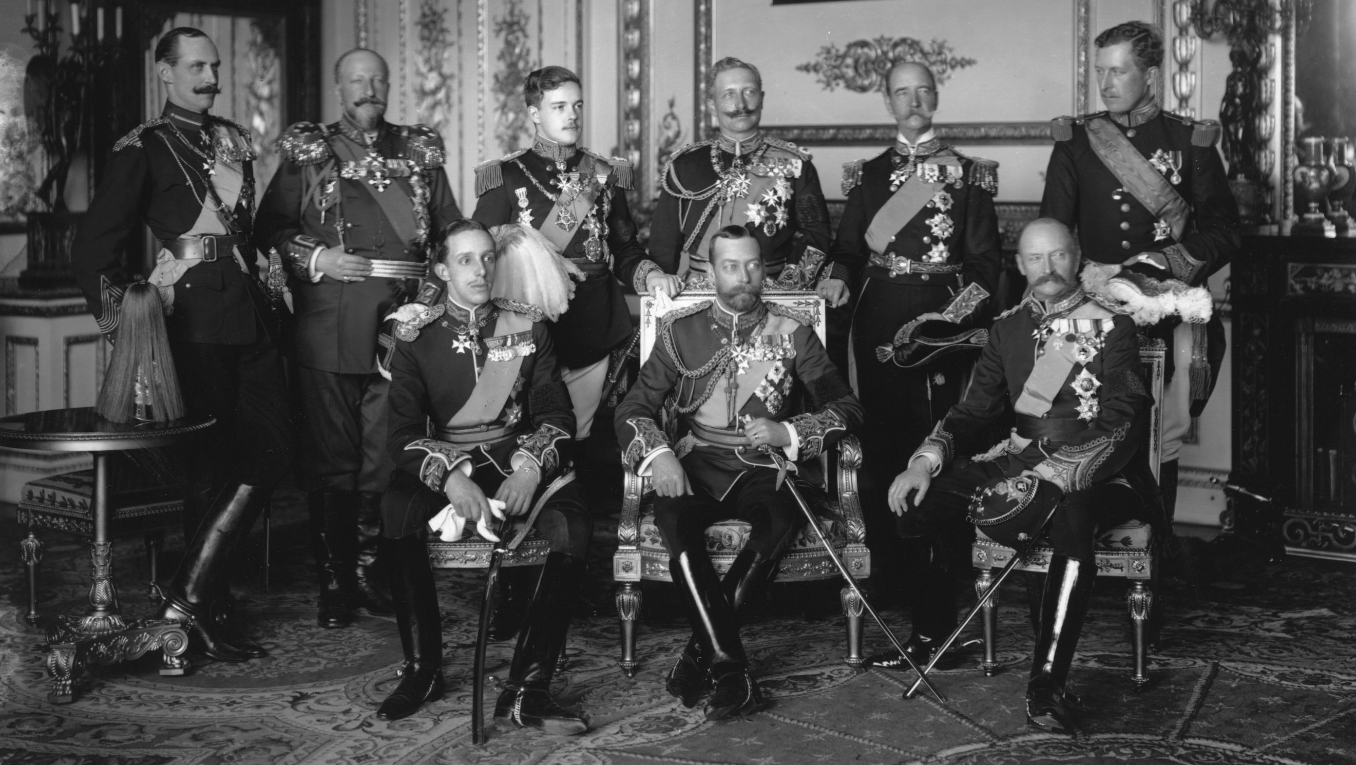 May 1910: Nine Kings assembled at Buckingham Palace for the funeral of Edward VII, the Father of George V (centre). From left to right, back row: Haakon VII of Norway, Ferdinand I of Bulgaria, Manuel II of Portugal, Wilhelm II of Germany, George I of Greece and Albert I Of Belgium. Front row: Alphonso XIII of Spain, George V and Frederick VIII of Denmark. (Photo by W. & D. Downey/Getty Images)