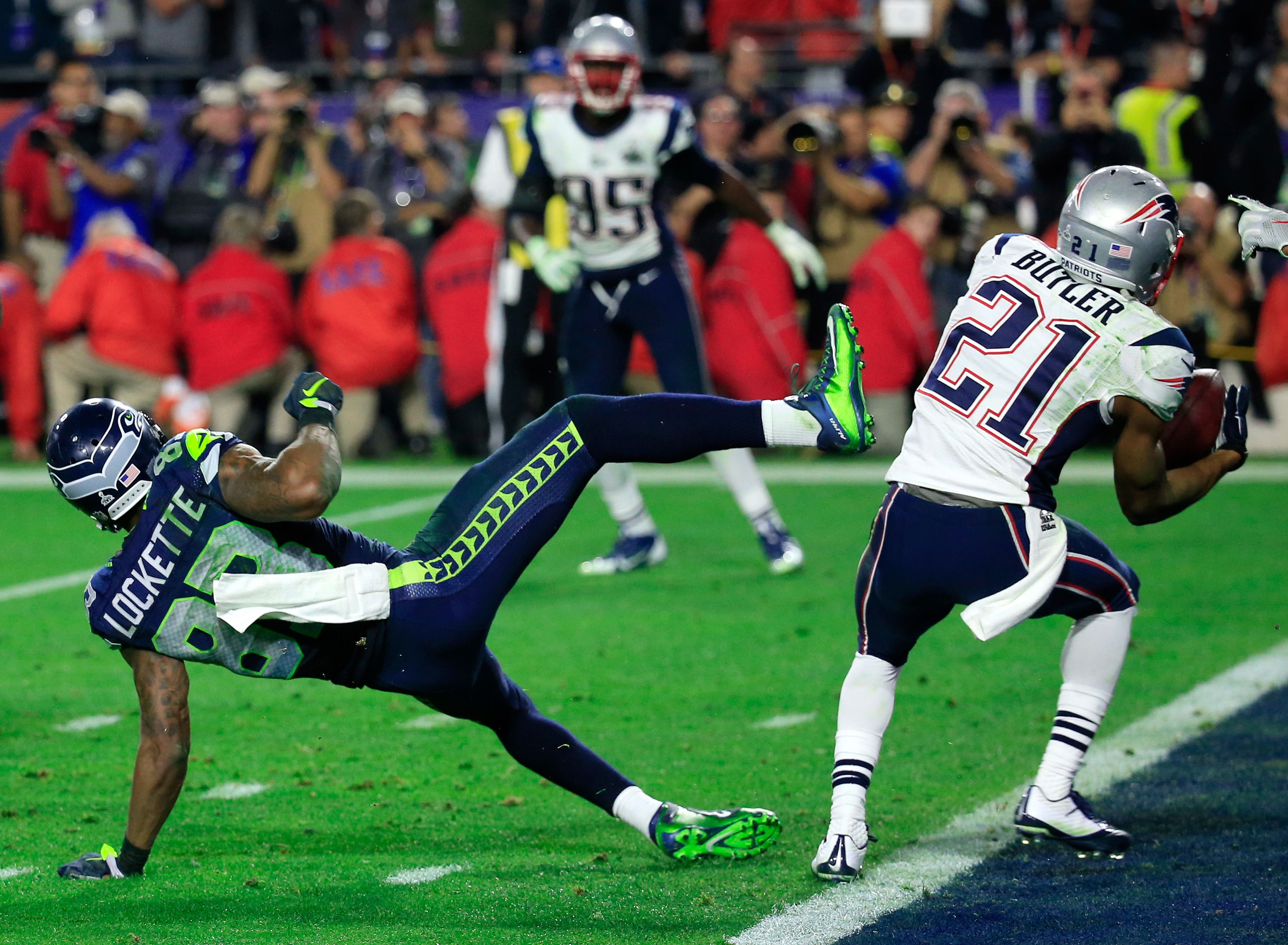 GLENDALE, AZ - FEBRUARY 01:  Malcolm Butler #21 of the New England Patriots intercepts a pass by  Russell Wilson #3 of the Seattle Seahawks intended for  Ricardo Lockette #83 late in the fourth quarter during Super Bowl XLIX at University of Phoenix Stadium on February 1, 2015 in Glendale, Arizona.  (Photo by Rob Carr/Getty Images)

http://www.theplayerstribune.com/ricardo-lockette-super-bowl-interception/