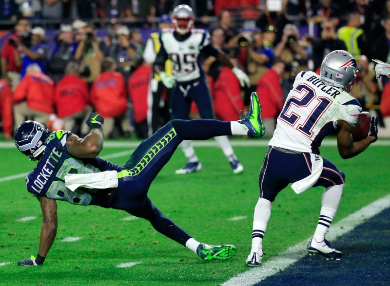 GLENDALE, AZ - FEBRUARY 01: Malcolm Butler #21 of the New England Patriots intercepts a pass by Russell Wilson #3 of the Seattle Seahawks intended for Ricardo Lockette #83 late in the fourth quarter during Super Bowl XLIX at University of Phoenix Stadium on February 1, 2015 in Glendale, Arizona. (Photo by Rob Carr/Getty Images) http://www.theplayerstribune.com/ricardo-lockette-super-bowl-interception/