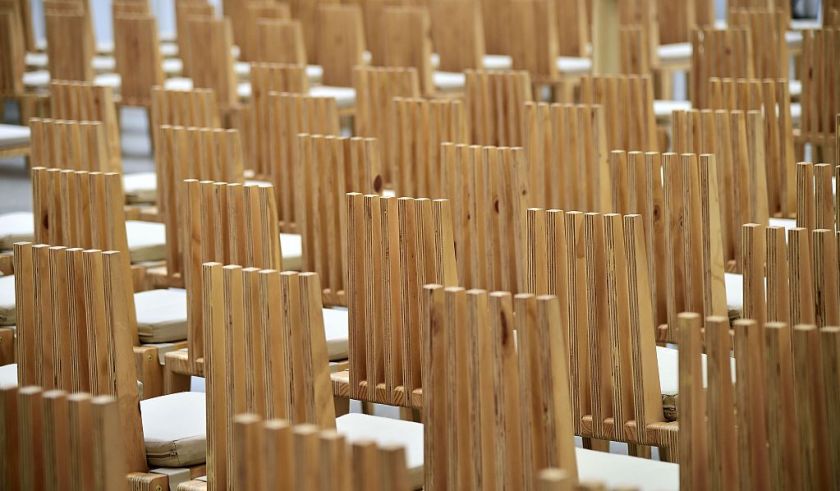 This photo taken on December 30, 2014 shows the chairs designed for the main auditorium for Christchurch's "Cardboard Cathedral", designed by award-winning Japanese architect Shigeru Ban. The structure, which is a temporary replacement for the 1881 Anglican cathedral destroyed in the February, 2011 quake with killed 185 people, is an A-frame building constructed with weather-proofed cardboard tubes. AFP PHOTO / MARTY MELVILLE (Photo credit should read Marty Melville/AFP/Getty Images)