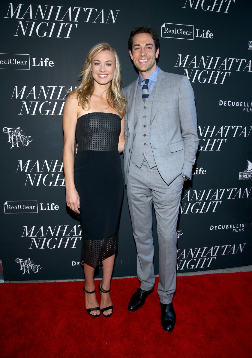 NEW YORK, NY - MAY 16: Yvonne Strahovski (L) and Zachary Levi attend the "Manhattan Night" New York Screening at Regal Cinemas Union Square on May 16, 2016 in New York City. (Photo by Paul Zimmerman/WireImage)