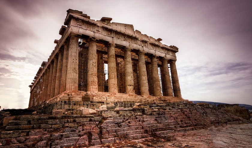 Backlit perspective of the Parthenon in Athens.