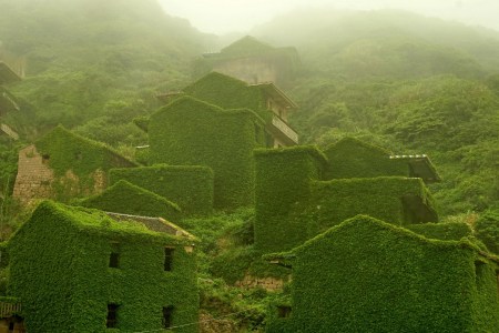 Houses are covered with vines at a deserted village on Shengshan Island. (VCG via Getty Images)