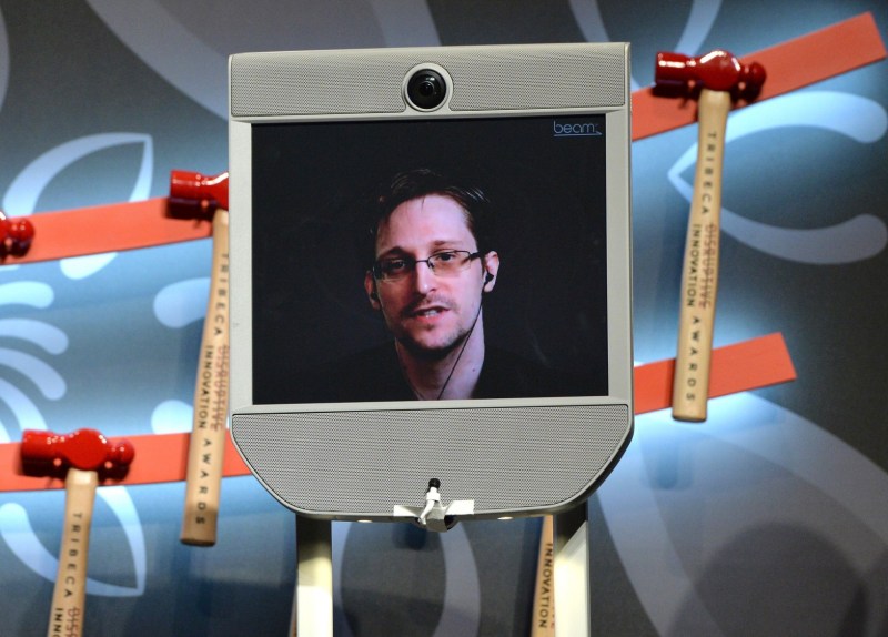 NEW YORK, NY - APRIL 22: Edward Snowden (via monitor) speaks on stage at Tribeca Disruptive Innovation Awards - 2016 Tribeca Film Festival at BMCC John Zuccotti Theater on April 22, 2016 in New York City. (Photo by Slaven Vlasic/Getty Images for Tribeca Film Festival)