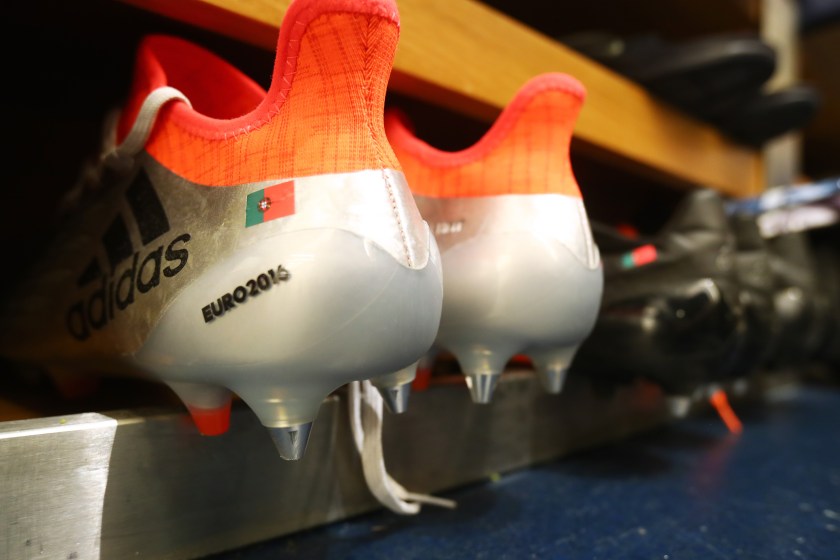 Players cleats on show in the dressing room prior to the UEFA EURO 2016 Group F match between Portugal and Austria at Parc des Princes. (Alex Grimm - UEFA/UEFA via Getty Images)