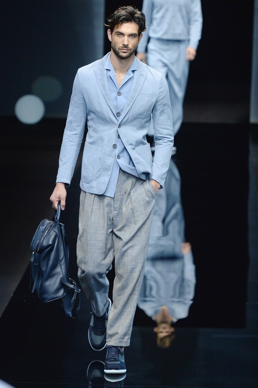 MILAN, ITALY - JUNE 21: A model walks the runway at the Giorgio Armani Spring Summer 2017 fashion show during Milan Menswear Fashion Week on June 21, 2016 in Milan, Italy. (Photo by Catwalking/Getty Images)
