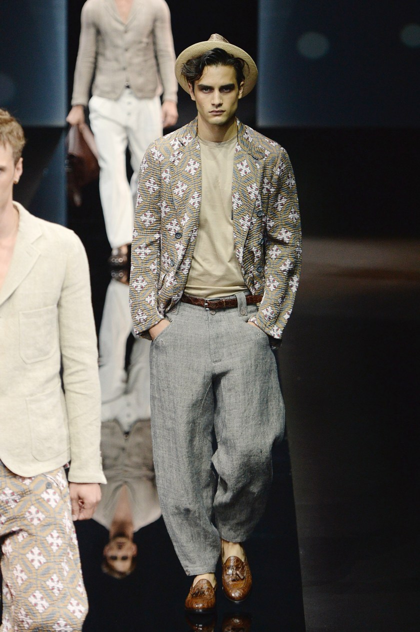 MILAN, ITALY - JUNE 21: A model walks the runway at the Giorgio Armani Spring Summer 2017 fashion show during Milan Menswear Fashion Week on June 21, 2016 in Milan, Italy. (Photo by Catwalking/Getty Images)