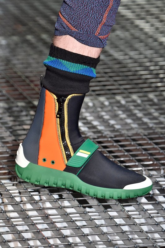 Detail shot of a model's shoe as he walks the runway at the Prada show during Milan Men's Fashion Week Spring/Summer 2017. (Victor VIRGILE/Gamma-Rapho via Getty Images)