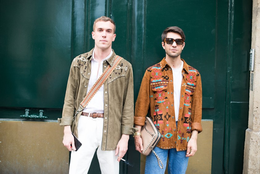 Guests pose wearing Valentino after the Valentino show during Paris Menswear fashion week SS17 on June 22, 2016. (Vanni Bassetti/Getty Images)