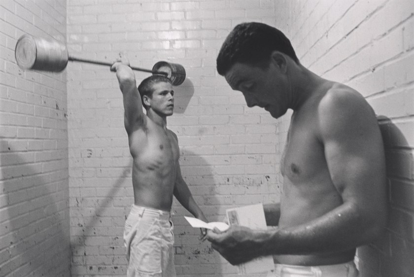 “Weight lifters, Ramsey Unit, Texas,” 1968. Vintage gelatin silver print. (Danny Lyon, courtesy Edwynn Houk Gallery, New York)
