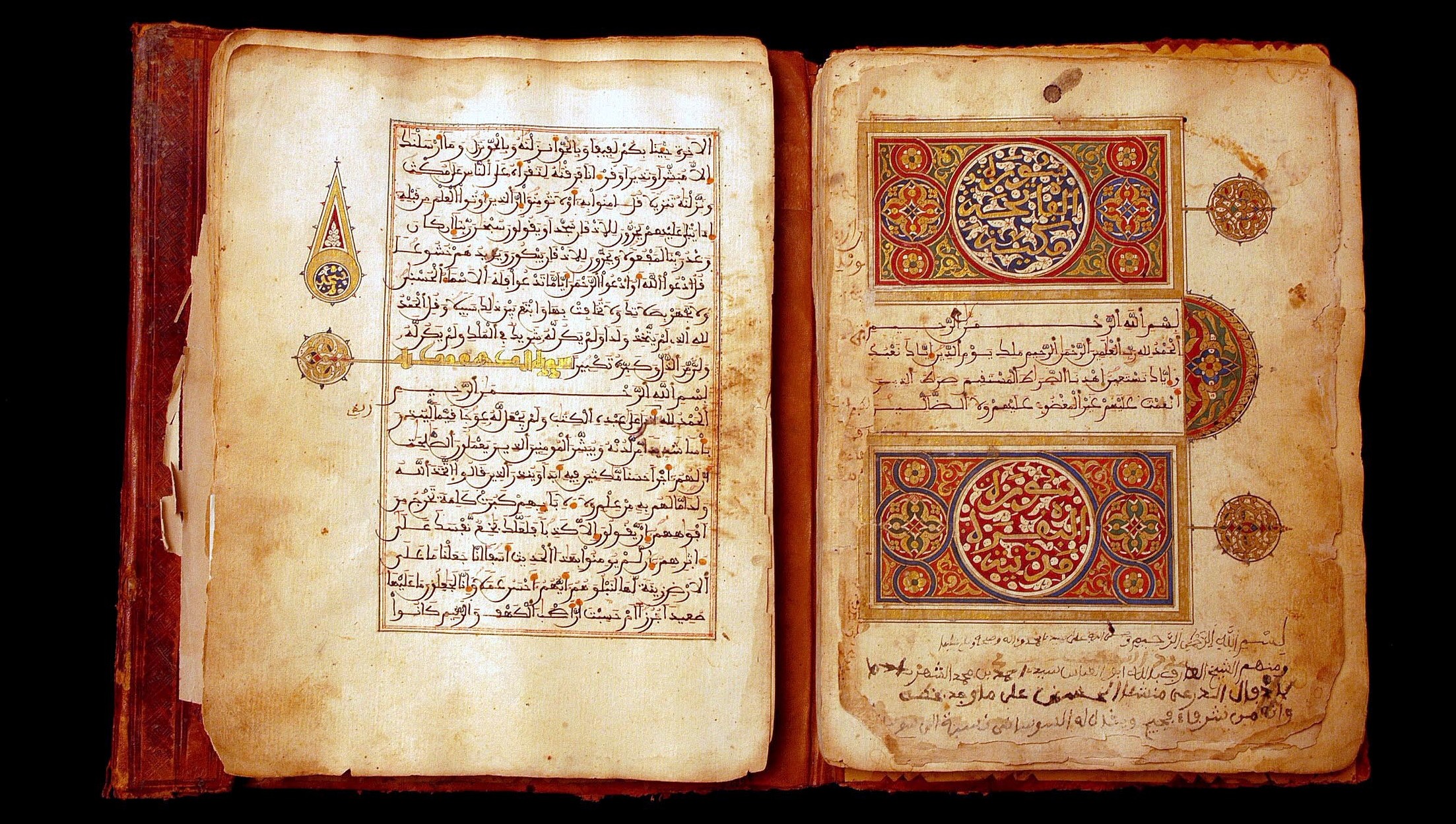 MALI - APRIL 01:  Libraries of the desert: rediscovery and restoration of ancient Arab manuscripts in Bouj Beha, Mali in April, 2003 - Manuscript from the private library of Abdelkader Haidara. A Koran, with, on the lower part of the image, a note indicating that several kings of Morocco owned it. The writing is typically Moroccan. 12th century.  (Photo by Xavier ROSSI/Gamma-Rapho via Getty Images)