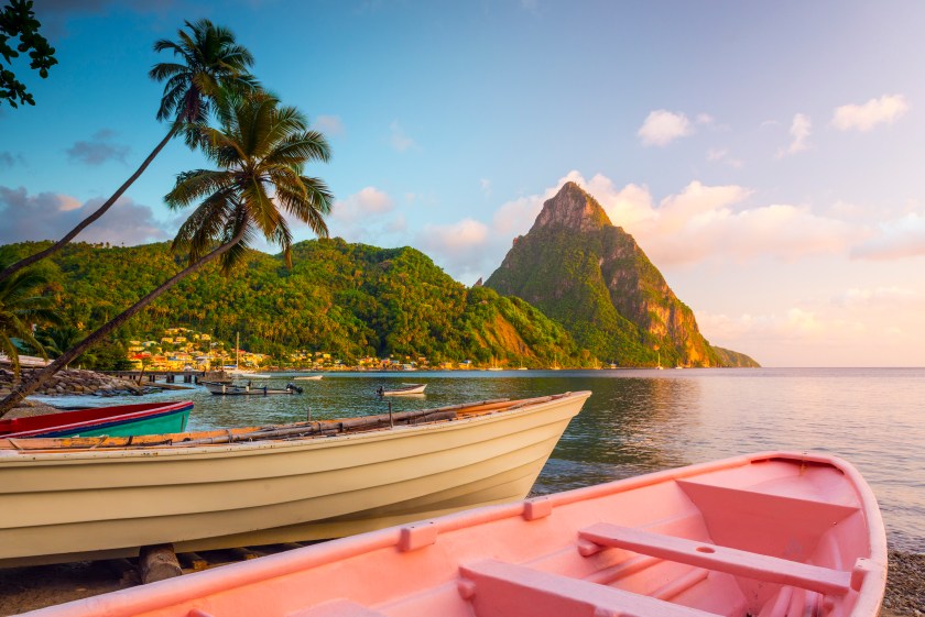 Caribbean, St Lucia, Soufriere, Soufriere Bay, Soufriere Beach and Petit Piton (UNESCO World Heritage Site), Traditional Fishing Boats