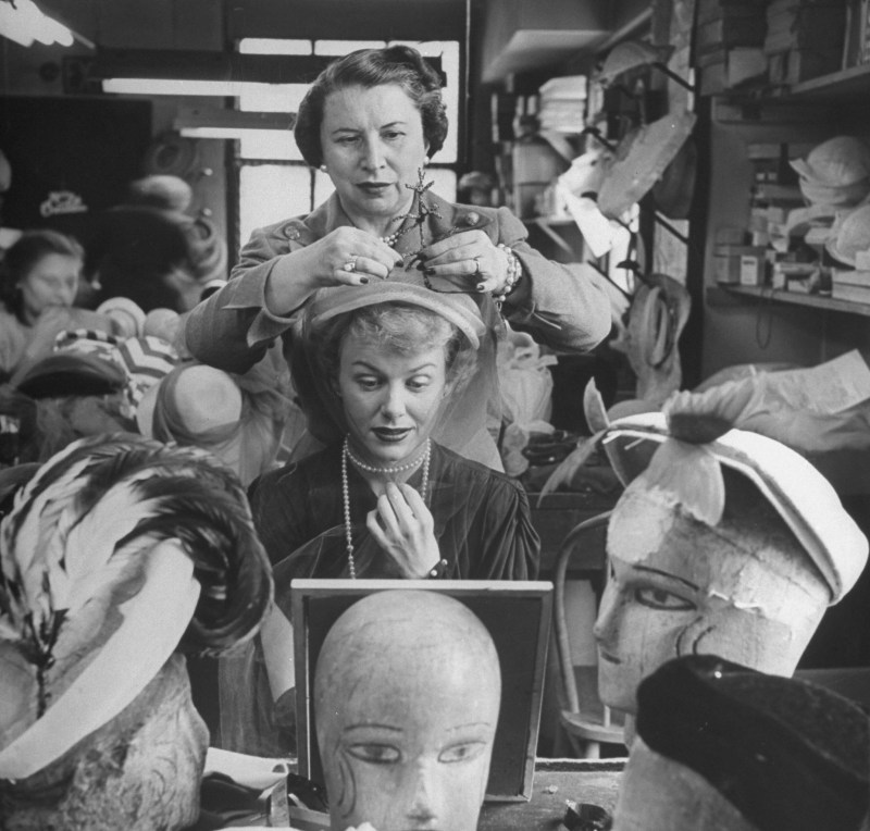 Milliner Sally Victor designing a hat for actress Kyle MacDonnell. (George Silk/The LIFE Picture Collection/Getty Images)