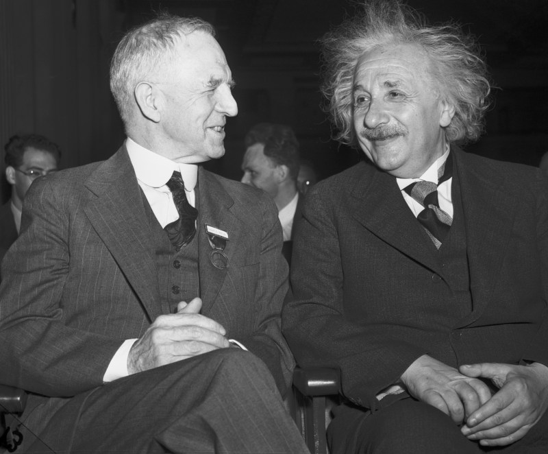 Lyman J. Briggs, Director for the National Bureau of Standards (left) with Professor Albert Einstein as they attended a session of the Eighth American Scientific Congress in Washington, May 15th. (Betmann/Getty Images)