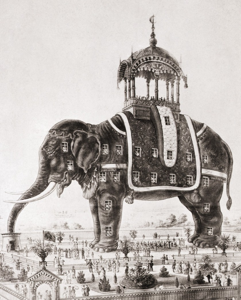 Poster advertising the exhibition of "ELEPHANTINE COLOSSUS" at Brighton Beach, Coney Island in the 1880's. (Betmann/Getty Images)