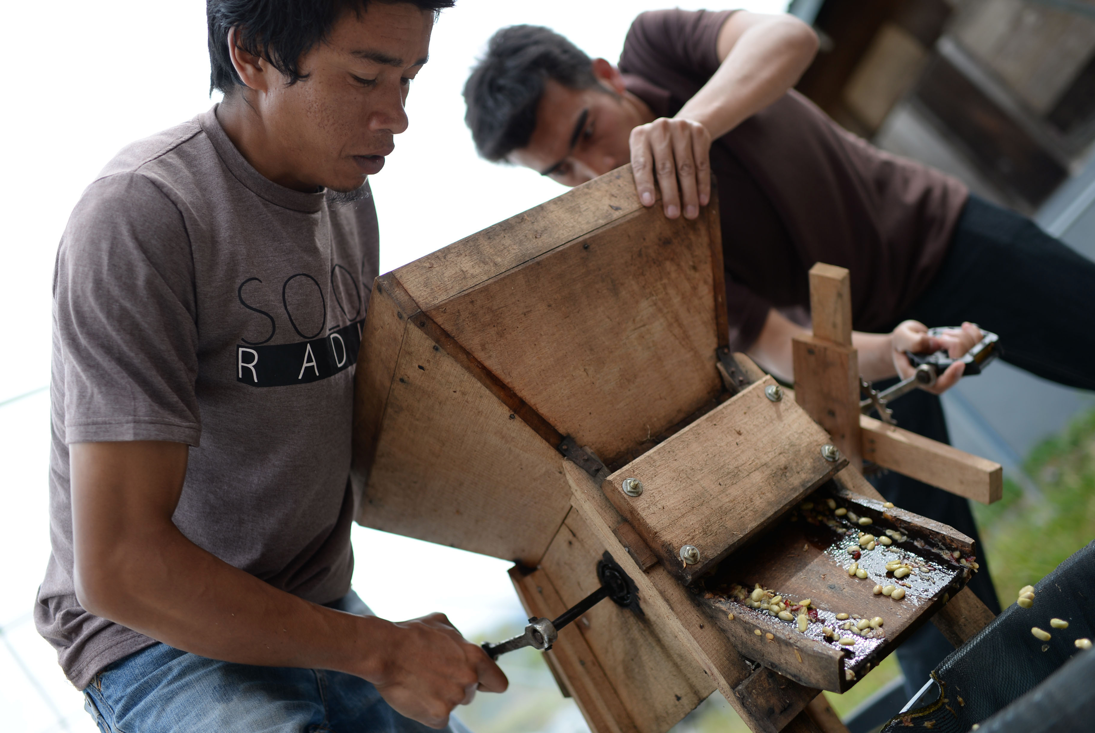 Employees grind Arabica coffee cherries using a grinding machine at the Solok Radjo Cooperative coffee farm in Alahan Panjang, West Sumatra, Indonesia, on Friday, July 15, 2016. Coffee production in Indonesia will probably drop 10 percent this year after dry weather caused by the worst El Nino in almost two decades damaged some crops and delayed the harvest. (Dimas Ardian/Bloomberg via Getty Images)