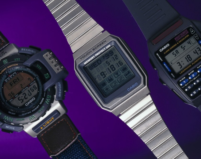 On the left is the PRT-40E with altimeter, barometer and thermometer functions. In the middle is the Model VDB-200B-1 with touch screen, back light, stopwatch and address book functions. And on the right is the multi-function Casio digital watch with built in infra-red transmitter to control household appliances. (SSPL/Getty Images)