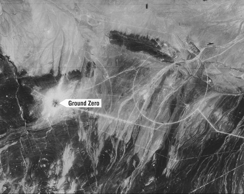 Chinese nuclear test site at Lop Nor, showing ground zero four days after the nuclear test (Courtesy NRO)