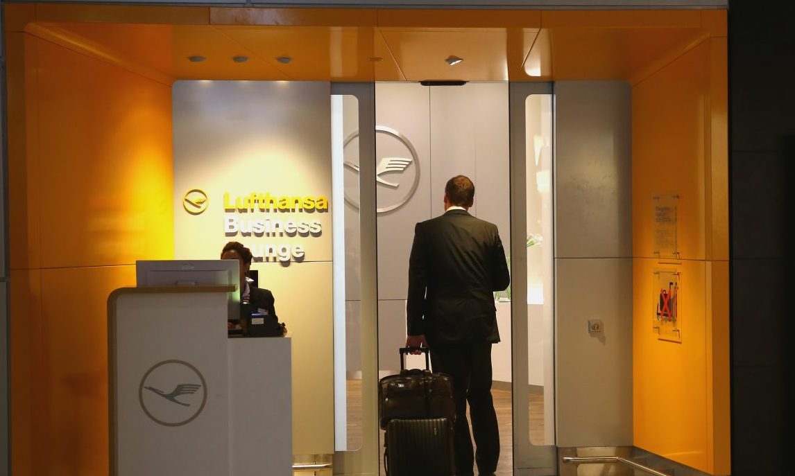 FRANKFURT AM MAIN, GERMANY - SEPTEMBER 12:  Lufthansa Business Class Lounge entrance in Terminal 1 at Frankfurt / Main International Airport on September 12, 2013 in Frankfurt am Main, Germany.  (Photo by Alexander Hassenstein/Getty Images)