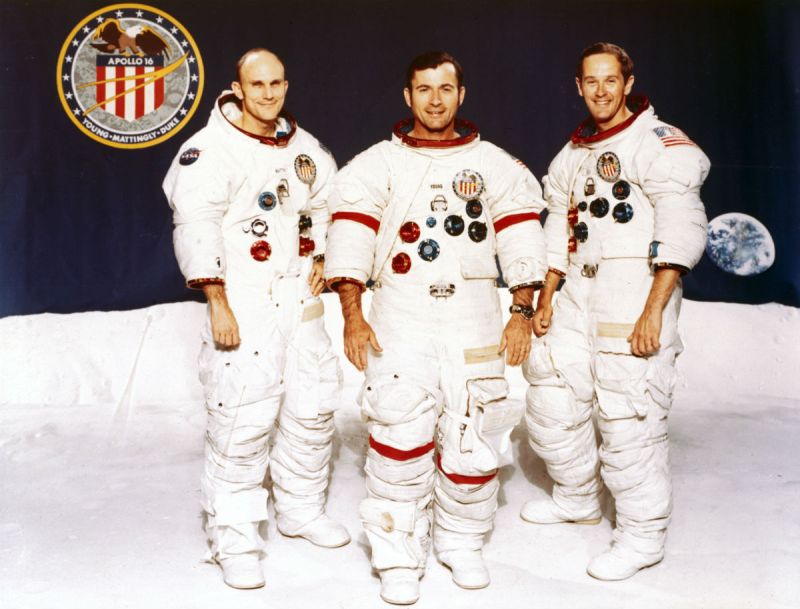 NITED STATES - JUNE 10: Apollo 16, carrying Apollo astronauts John Young - Commander, Thomas Mattingly - Command and Service Module pilot and Charles Duke - Lunar Module pilot, lifted off from the Kennedy Space Centre, Cape Canaveral, Florida, on 16th April 1972. It was the fifth successful Apollo lunar landing mission and astronauts Young and Duke became the ninth and tenth men to walk on the Moon. Mattingly remained in lunar orbit while they were on the surface. (Photo by SSPL/Getty Images)