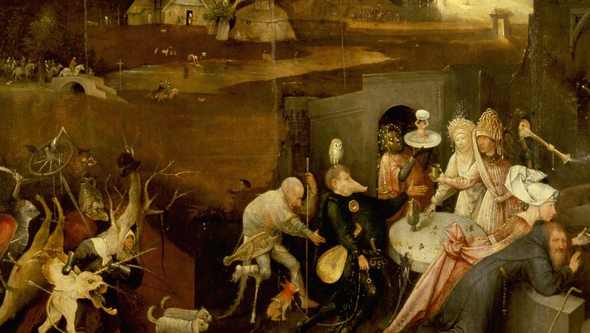 The triptych of 'The Temptation of St Anthony' by Hieronymus Bosch (1450 1516), St Anthony was a prominent leader of the Desert Fathers and was tormented by visions of Hell and demons during his retreat in the desert. Detail of demons tormenting St Anthony. The Netherlands 1505 1506 . (Photo by Werner Forman/Universal Images Group/Getty Images)