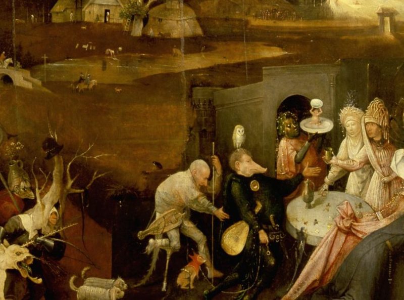 The triptych of 'The Temptation of St Anthony' by Hieronymus Bosch (1450 1516), St Anthony was a prominent leader of the Desert Fathers and was tormented by visions of Hell and demons during his retreat in the desert. Detail of demons tormenting St Anthony. The Netherlands 1505 1506 . (Photo by Werner Forman/Universal Images Group/Getty Images)