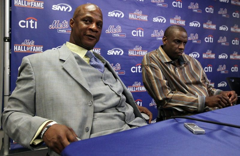NEW YORK - JULY 31: Former players Darryl Strawberry (L) and Dwight Gooden speak during a press conference for their induction into the New York Mets Hall of Fame prior to the game against the Arizona Diamondbacks on July 31, 2010 at Citi Field in the Flushing neighborhood of the Queens borough of New York City. (Photo by Jim McIsaac/Getty Images)