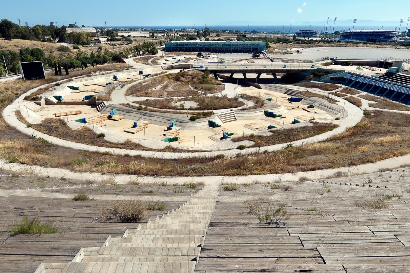 ATHENS, GREECE - JULY 31: General view of the Olympic Canoe/Kayak Slalom Center at the Helliniko Olympic complex in Athens, Greece on July 31, 2014. Ten years ago the XXVIII Olympiad was held in Athens from the 13th - 29th August with the motto "Welcome Home". The cost of hosting the games was estimated to be approx 9 billion euros with the majority of sporting venues built specifically for the games. Due to Greece's economic frailties post Olympic Games there has been no further investment and the majority of the newly constructed stadiums now lie abandoned. (Photo by Milos Bicanski/Getty Images)