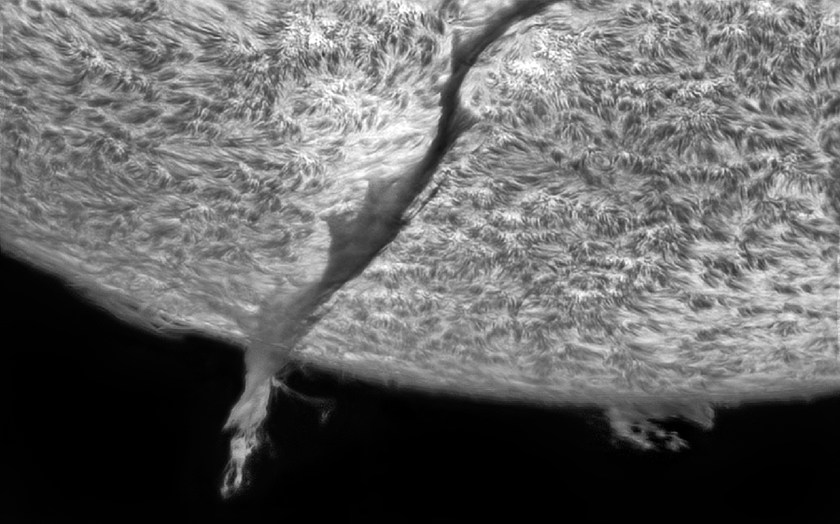 A tremendous filaprom extends from the surface of our star, the Sun. Filaproms are large, gaseous features that can be partially seem over the Sun’s disk as a filament, and they are known to reach lengths equal to 150 Earths aligned. (Gabriel Octavian Corban)