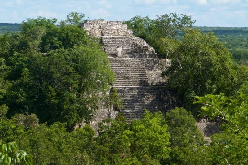 Calakmul Mayan city pyramid ruins, Temple I. The whole city is has been claimed by the jungle. Mayan pyramids occasionally can be seen peaking through canopy of the Calakmul Biosphere Reserve, a UNESCO world heritage site, northern Petén Basin region of Yucatán, southern Mexico. Ruins are of the Classic period.