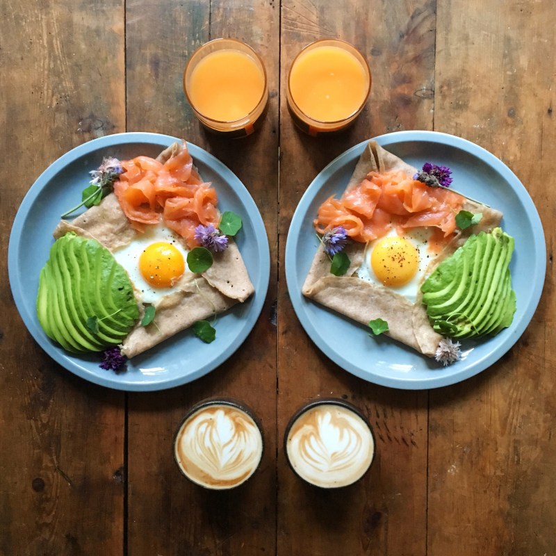 Breton buckwheat galette with salmon, egg and avocado (From SymmetryBreakfast by Michael Zee, published by powerHouse Books)