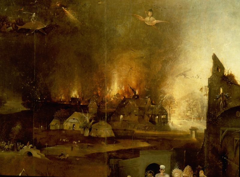 The triptych of 'The Temptation of St Anthony' by Hieronymus Bosch (1450 1516), St Anthony was a prominent leader of the Desert Fathers and was tormented by visions of Hell and demons during his retreat in the desert. Detail of village on fire. The Netherlands 1505 1506 . (Photo by Werner Forman/Universal Images Group/Getty Images)
