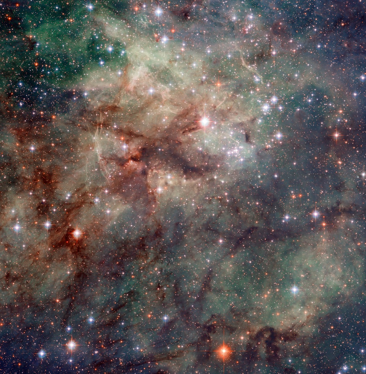 Hubble has taken this stunning close-up shot of part of the Tarantula Nebula. This star-forming region of ionised hydrogen gas is in the Large Magellanic Cloud, a small galaxy which neighbours the Milky Way. It is home to many extreme conditions including supernova remnants and the heaviest star ever found. The Tarantula Nebula is the most luminous nebula of its type in the local Universe.