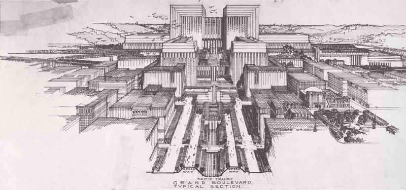 Lloyd Wright LA Civic Center: Civic Center, view from south along Grand Avenue(Metropolis Books )