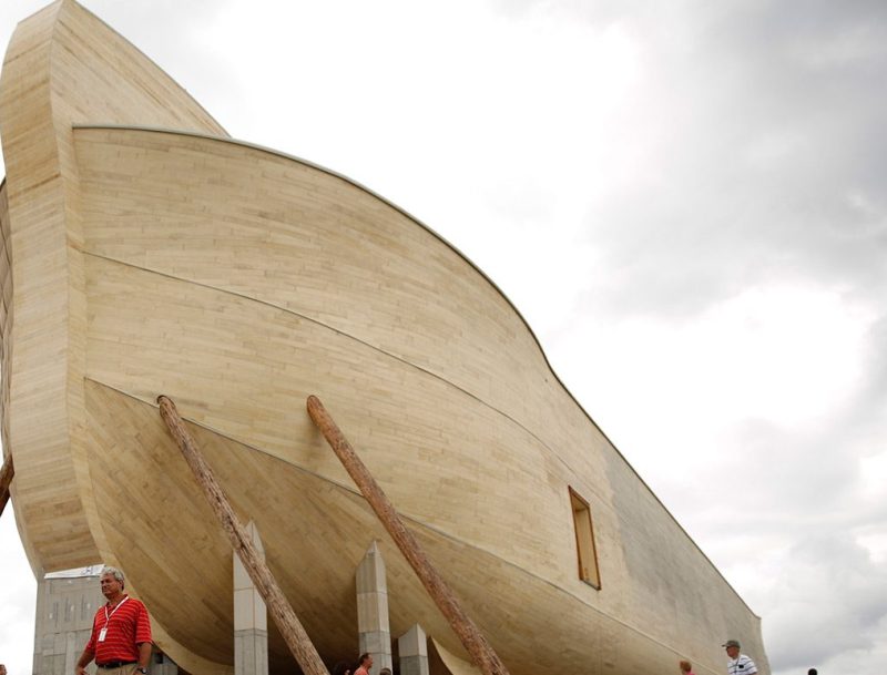 Attendees view the Noah's Ark replica during a VIP and media preview day at the Ark Encounter theme park in Williamstown, Kentucky, U.S., on Tuesday, July 5, 2016. Ken Ham, president of Answers in Genesis of Kentucky Inc., and his group created a full-scale replica of Noah's Ark to match its description in the bible. The massive 510-foot wooden ship has cost an estimate of over $100 million to produce. Photographer: Luke Sharrett/Bloomberg via Getty Images
