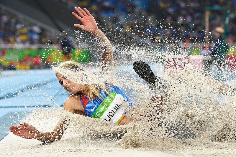 TOPSHOT - Russia's Dariya Klishina competes in the Women's Long Jump Final during the athletics event at the Rio 2016 Olympic Games at the Olympic Stadium in Rio de Janeiro on August 17, 2016. / AFP / FRANCK FIFE (Photo credit should read FRANCK FIFE/AFP/Getty Images)