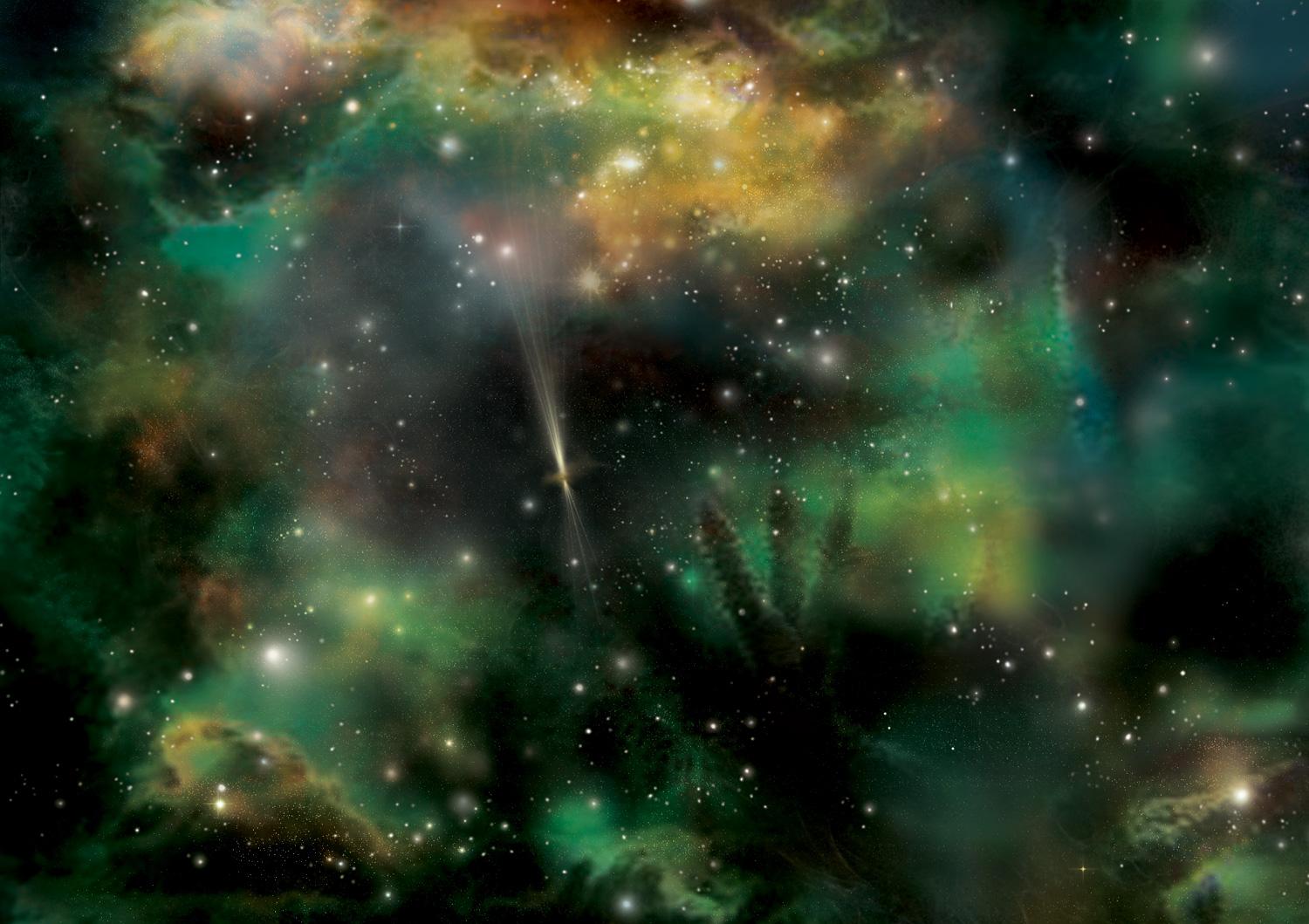 In this artist's concept, dense knots of dust in otherwise normal galaxies dim the light of a dark gamma-ray burst (center). The dust absorbs most or all of a burst's visible light but not higher-energy X-rays and gamma rays. (NASA/Swift/Aurore Simonnet)