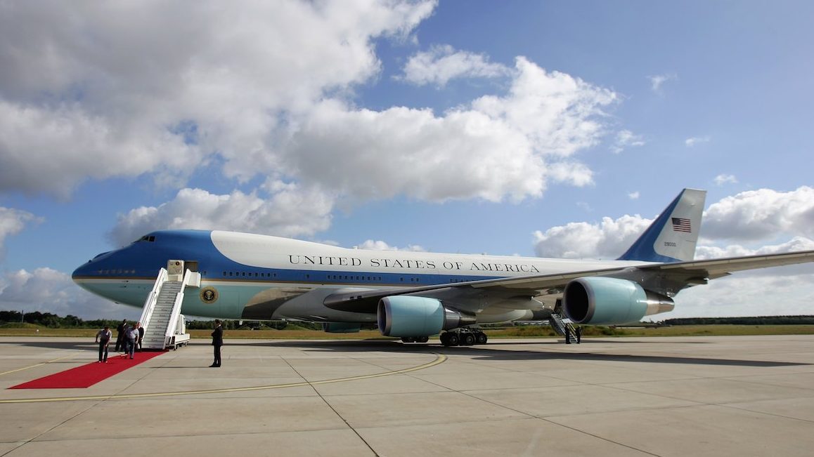 ROSTOCK, GERMANY - JULY 14:  Air Force One, the plane of US President George W. Bush, is being prepared for his departure on July 14, 2006 in Rostock, Germany. Bush continues to the G8 summit in St. Petersburg, Russia, after visiting German Chancellor Angela Merkel's constituency in former East Germany for a day, stopping in the city of Stralsund and later in the small village of Trinwillershagen for a barbecue with residents.  (Photo by Andreas Rentz/Getty Images)