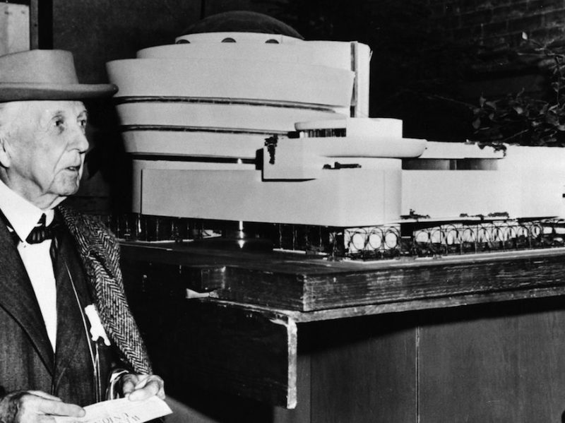 (GERMANY OUT) FRANK LLOYD WRIGHT (1869-1959). American architect. Wright beside his model for the Guggenheim Museum, New York City. Photographed 1953. (Photo by ullstein bild/ullstein bild via Getty Images)