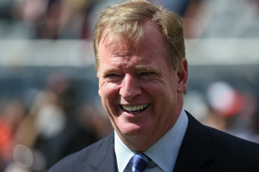 Roger Goodell, Commissioner of the NFL, stands on the field prior to the game between the Chicago Bears and the Green Bay Packers at Soldier Field on September 13, 2015 in Chicago, Illinois. (Jonathan Daniel/Getty Images)