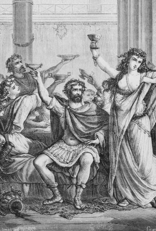 Engraving of Hannibal and His Men Celebrating in CapuaORIGINAL CAPTION READS: Eating: A Roman banquet. Undated engraving.
