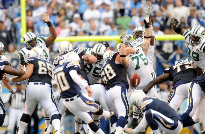 SAN DIEGO - JANUARY 17: Nate Kaeding #10 of the San Diego Chargers misses a field goal at the end of the second quarter against the New York Jets during AFC Divisional Playoff Game at Qualcomm Stadium on January 17, 2010 in San Diego, California.The Jets defeated the Chargers 17-14. (Photo by Rob Tringali/Sportschrome/Getty Images)