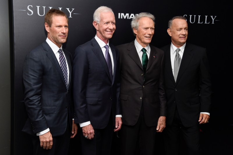 NEW YORK, NY - SEPTEMBER 06: (L-R) Aaron Eckhart, Chesley "Sully" Sullenberger, Clint Eastwood and Tom Hanks attend the "Sully" New York Premiere at Alice Tully Hall on September 6, 2016 in New York City. (Photo by Matthew Eisman/Getty Images)