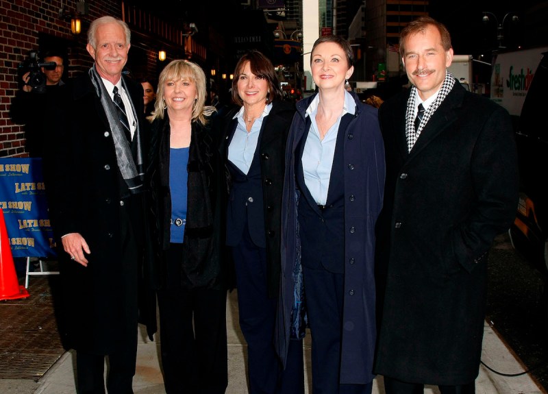 US Airways Flight 1549 crew, Captain Chesley "Sully" Sullenberger, Flight Attendants Sheila Dail, Doreen Welsh, Donna Dent, and First Officer Jeffrey Skiles visit "Late Show with David Letterman" at the Ed Sullivan Theater on February 10, 2009 in New York City. (Photo by Jeffrey Ufberg/WireImage)