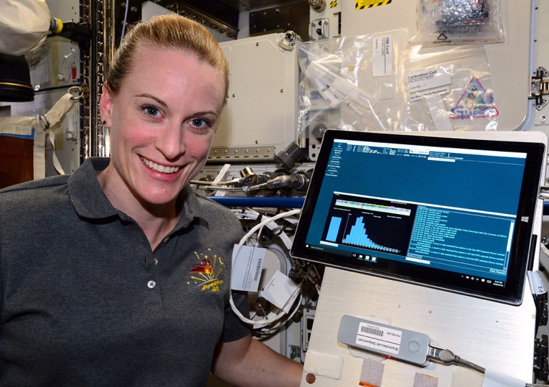 NASA Extreme Environment Mission Operations (NEEMO) crew member, Matthias Maurer of ESA, works on inserting samples into the MinION DNA sequencer as part of the Biomolecule Sequencer experiment. Researchers tested the device aboard the analog to minimize unknowns and see how the device worked in various extreme environments. (NASA)