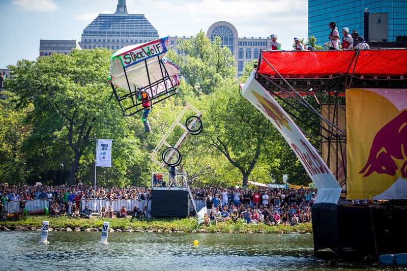 Team Space Wolf competes at Red Bull Flugtag in Boston, MA, USA on 20 August, 2016. // Gameface Media (Marty McCrory) / Red Bull Content Pool // P-20160821-00188 // Usage for editorial use only // Please go to www.redbullcontentpool.com for further information. //