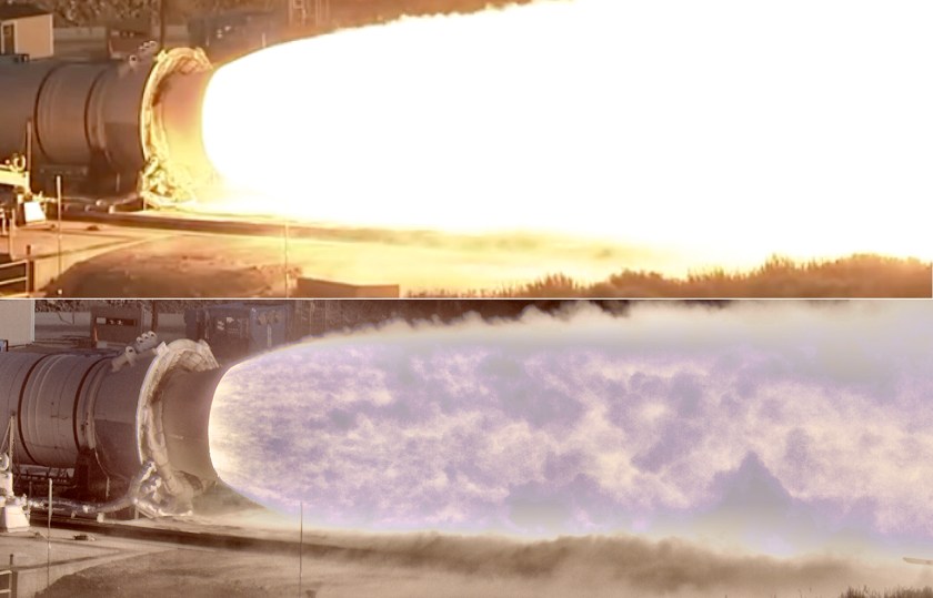 Composite image of Space Launch System Qualification Motor 2 test or, QM-2, without using HiDyRS-X camera, top, and using the camera, bottom. (NASA)