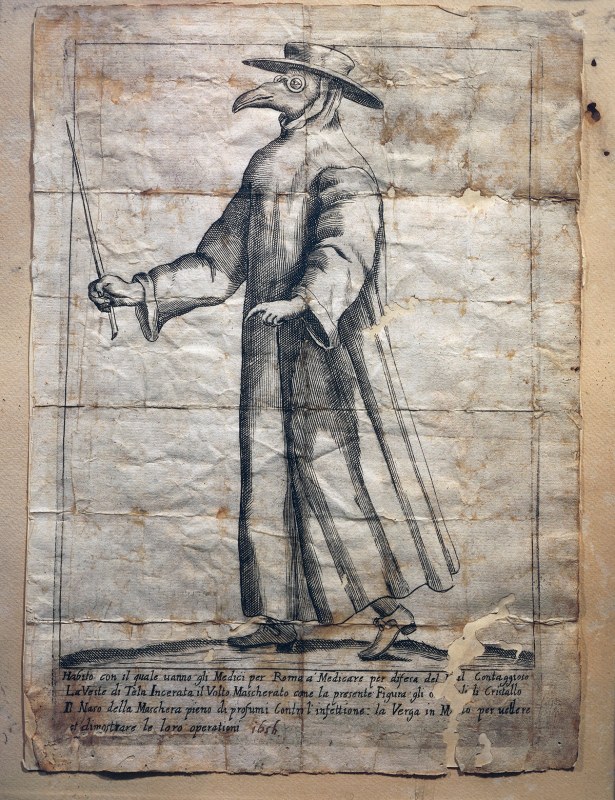 UNSPECIFIED - CIRCA 1900: Italy - XVII century. The plague doctor used to wear a waxed coat, a sort of protective goggles and gloves, the beak of their masks contained aromatic substances. Rome, 1656. (Photo By DEA PICTURE LIBRARY/De Agostini/Getty Images)
